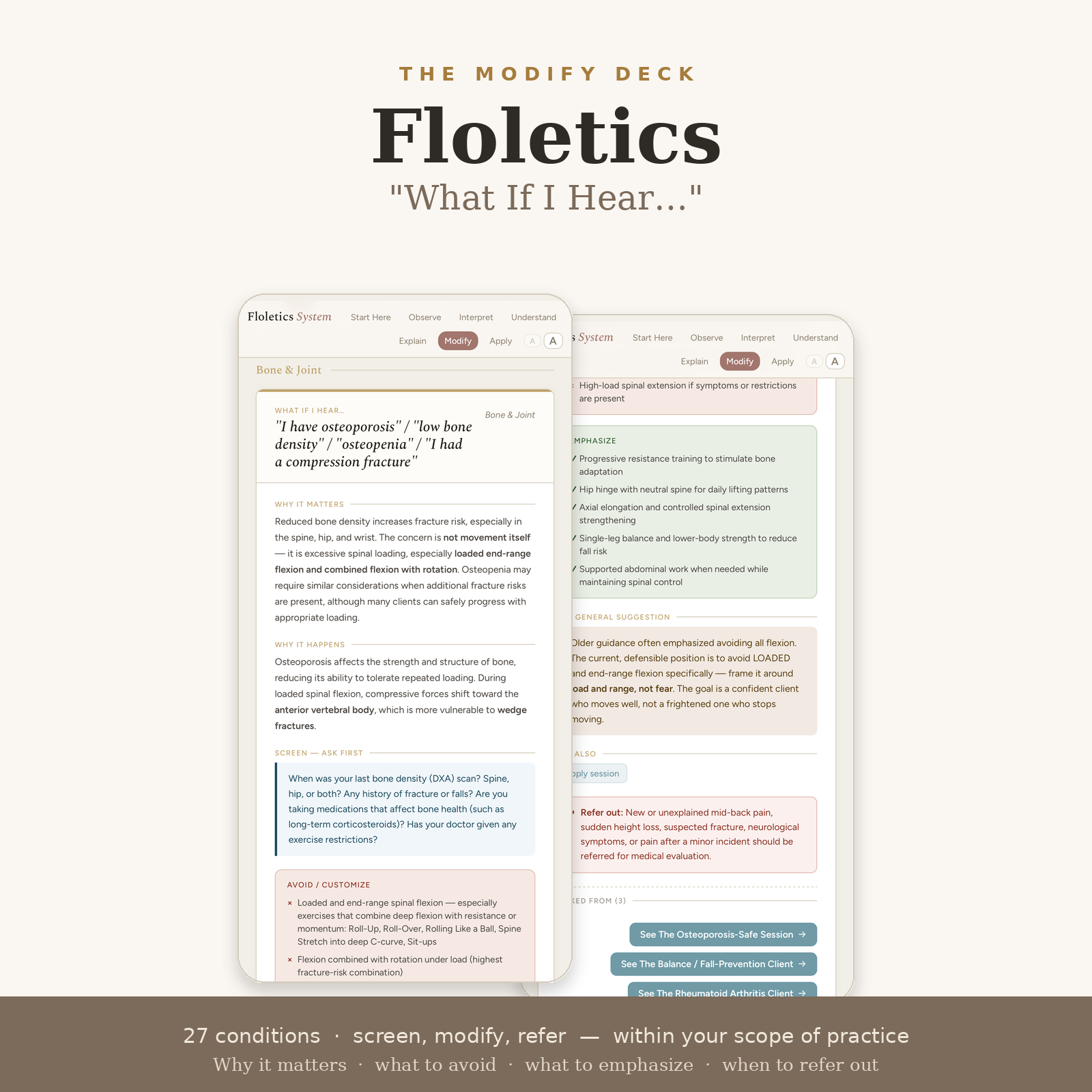 Modify — 27 conditions: what to avoid, what to emphasize, when to refer
